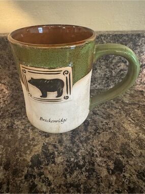 Breckenridge Green/Cream Ceramic Bear Mug 10oz handcrafted stamped potter mug